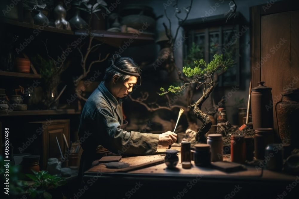 Poster a man working on a bonsai tree in a dark room. generative ai image.