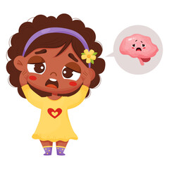 Cute black ethnic girl is suffering from headache and is holding her head. Migraine and sad character internal organ brain. Vector illustration in cartoon style.