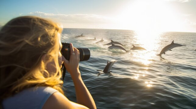 Women taking photos of a pod of dolphins, jumping in the ocean amid sunshine