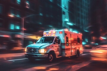 Ambulance Rushes to Caller in a Vibrant Urban Night. AI