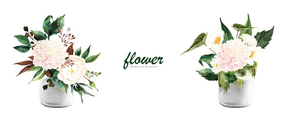 Set of floral bouquet watercolor vector elements isolated on white background