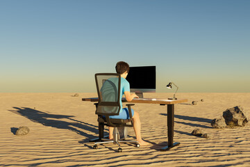 man sitting at pc office workplace in desert environment; workload stress burnout concept; 3D Illustration