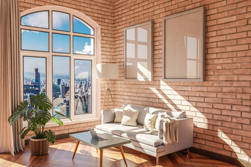 Fototapeta na wymiar luxurious loft apartment with arched window and panoramic view over urban downtown; noble interior living room design mock up; 3D Illustration