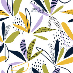 Abstract daisy flowers seamless pattern. Colorful flower petals with line doodle texture