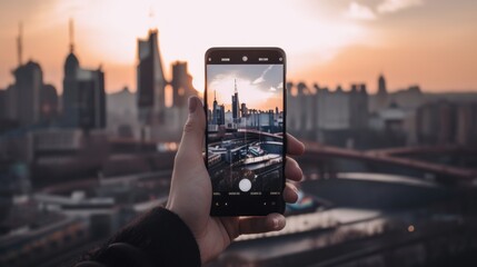 A person taking a picture of a city at sunset. Generative AI image. - obrazy, fototapety, plakaty