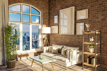 Plakat luxurious loft apartment with arched window and panoramic view over urban downtown; noble interior living room design mock up; 3D Illustration