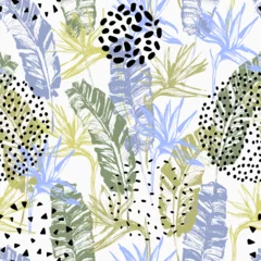Fototapeten Grunge tropical leaves, flowers, dotted circles seamless pattern. © Tanya Syrytsyna