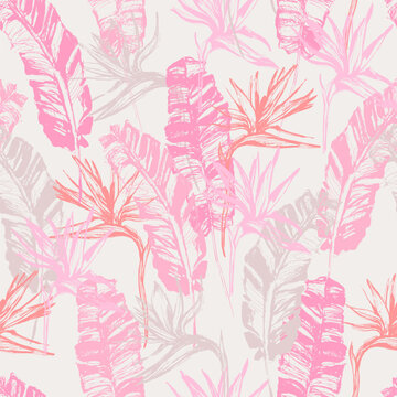 Grunge tropical leaves, flowers seamless pattern. Hand drawn abstract background: banana leaf, bird-in-paradise flower silhouettes.