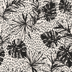 Grunge tropical leaves, dots seamless pattern. - 605358657