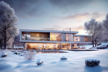 Modern house under the snow - IA générative