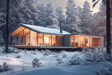 Modern house under the snow - IA g&eacute;n&eacute;rative