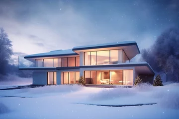 Fotobehang Modern house under the snow - IA générative © NicOlas JARDIMAGE
