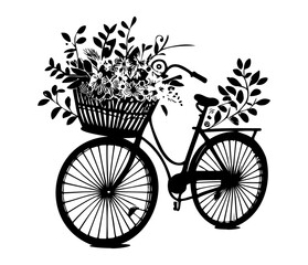 Fototapeta na wymiar Romantic bike with spring flowers. Retro bike carrying basket, with flowers and plants.