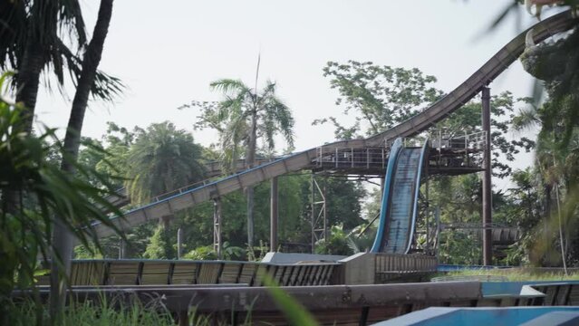 Rafting rides in the amusement park. an abandoned amusement park presents a spooky and haunted image