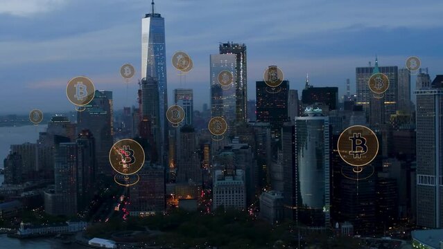 Animation of cryptocurrency icons over New York. Aerial view of Manhattan with bitcoin logos. Augmented reality. United states.
