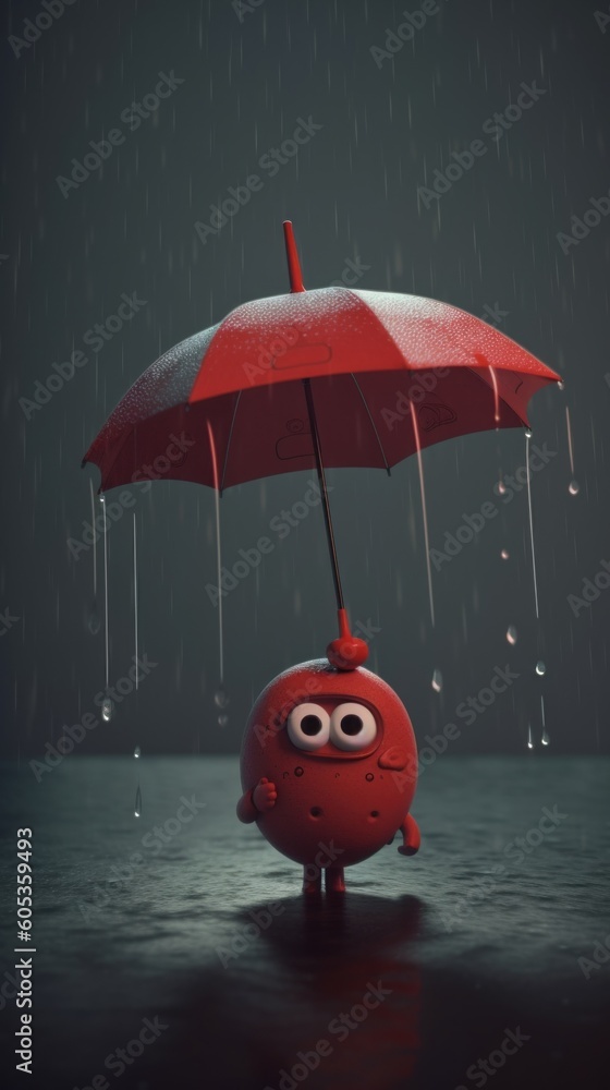 Poster a tiny cute unknown creature holding an umbrella in the rain. generative ai image.