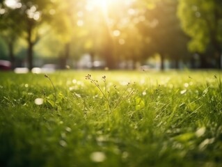 Green grass background with bokeh. Sunlight in the morning. Created with Generative AI technology