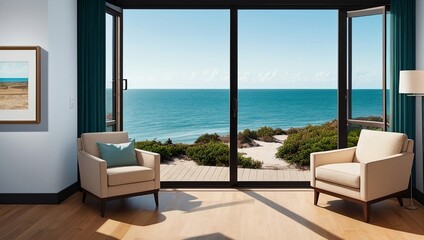 Obraz premium Living room with a view of the ocean, generative ai