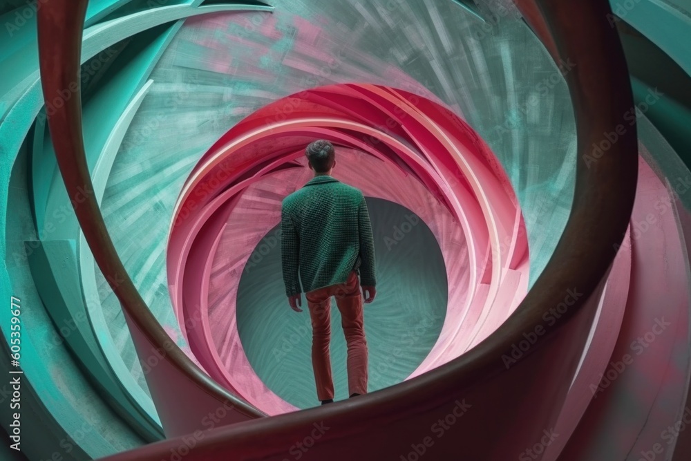 Poster a man standing inside of a colorful tunnel. generative ai image.
