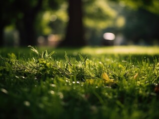 Green grass background with bokeh. Sunlight in the morning. Created with Generative AI technology
