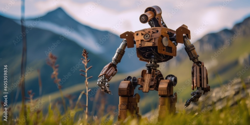 Poster a toy robot standing in a field of grass. generative ai image.