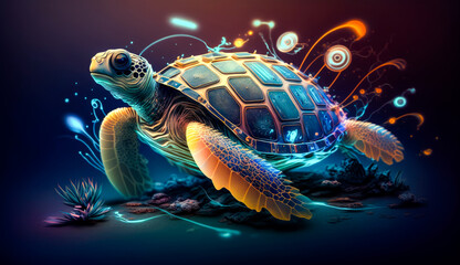 artwork illustration of colorful sea turtle isolated on black background. Generative AI