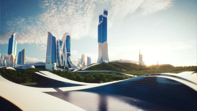 4K, Cinematic cuts. 3D Utopia City of the future