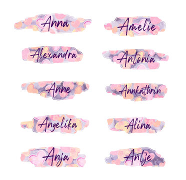 Sticker mit deutschen M&auml;dchennamen. Anfangsbuchstabe A, nna, Amelie, Alexandra, Antonia, Anne, Ann-Kathrin, Angelika, Alina, Anja, Antje, png Datei