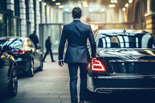Back view of Successful businessman in suit walking beside luxury car. Generative AI
