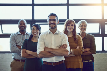 Smile, crossed arms and portrait of a business team in office for unity, collaboration or teamwork. Happy, diversity and group of corporate employees with success, support and leadership in workplace