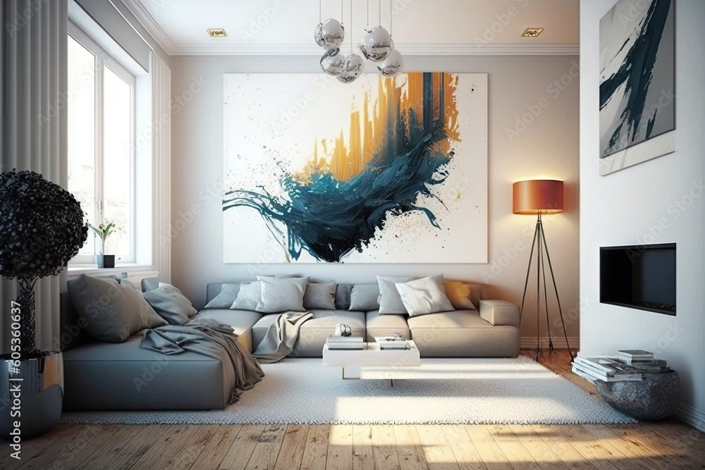 Wall mural Modern bright interior of the apartment with a large sofa. Illustration of the living room