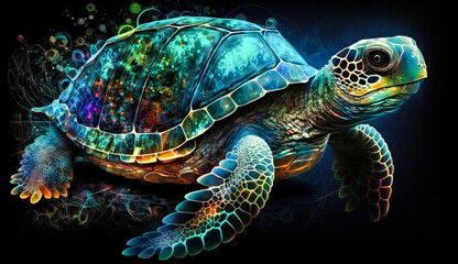 Fototapeta na wymiar artwork illustration of colorful sea turtle isolated on black background. Generative AI