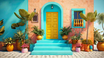 Abstract art. Colorful art style of a traditional villa with flowers. Generative AI.
