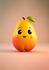 A cartoon mango character with a smile on his face