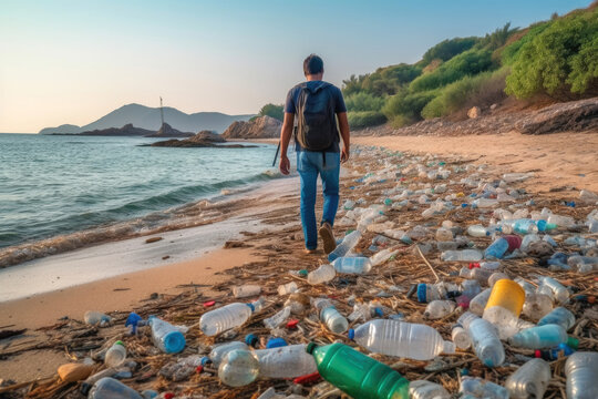 A man walks along the beach with a lot of garbage. Environmental pollution. Ecological problems. Generative AI