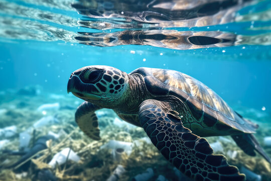 Sea turtle in the water swims among the debris. Generative AI