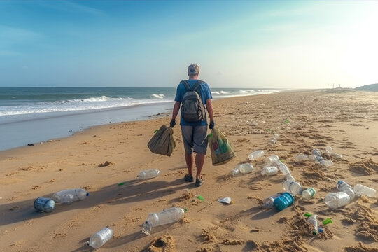 A man collects garbage on the beach Environmental pollution. Ecological problems. Generative AI