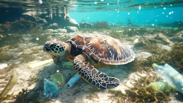 Sea turtle in the water swims among the debris. Ecological problems. Generative AI