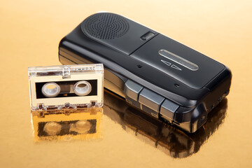 Audio recorder with microcassette. device for working with voice and journalism. analog audio recording.