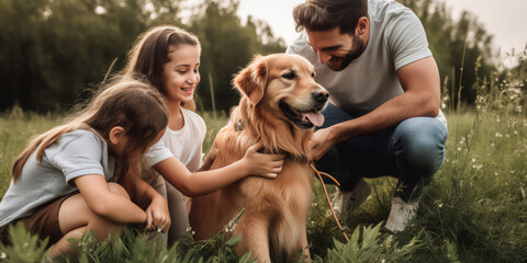 Middle Eastern Family playing with a golden retriever dog outdoor in the grass with trees in the background. Generative AI