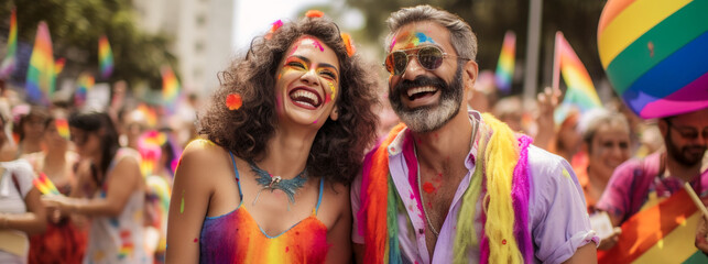 Obraz na płótnie Canvas Happy Generative AI Couple at LGBTQ+ Gay Pride Parade in Sao Paulo. Love and Diversity in the LGBTQ+ Community. Sao Paulo Pride Month Celebration 