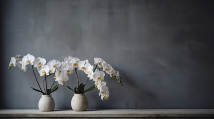 vase with orchids on the wall, copy space, mockup