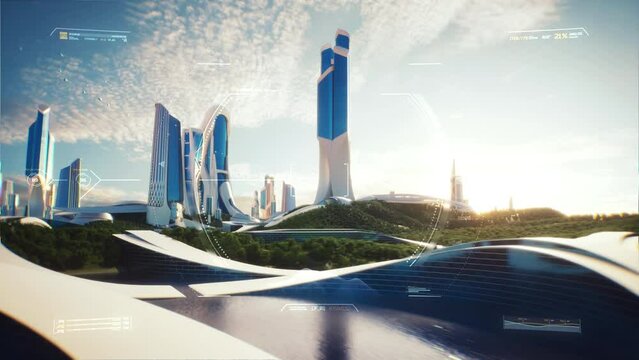 4K, Cinematic cuts. 3D Hud Utopia City of the future