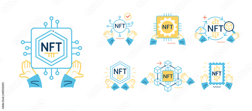 Poster nft token in blockchain technology in digital crypto art. a non-fungible token with intellectual pro