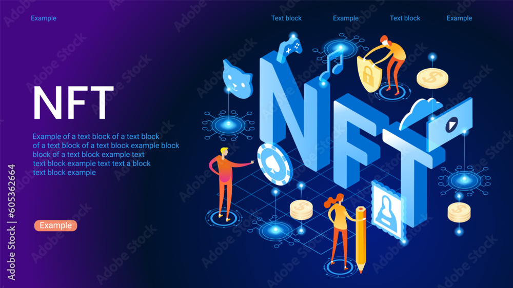 Poster nft token in blockchain technology in digital crypto art. a non-fungible token with intellectual pro