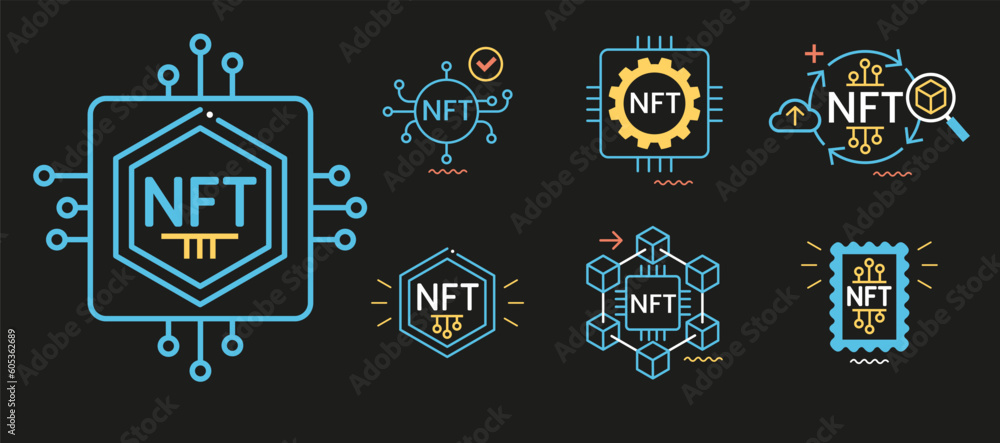 Poster nft token in blockchain technology in digital crypto art. a non-fungible token with intellectual pro