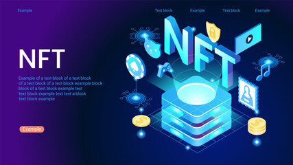NFT token in blockchain technology in digital crypto art. A non-fungible token with intellectual property aspects. Vector illustration concepts for website development.