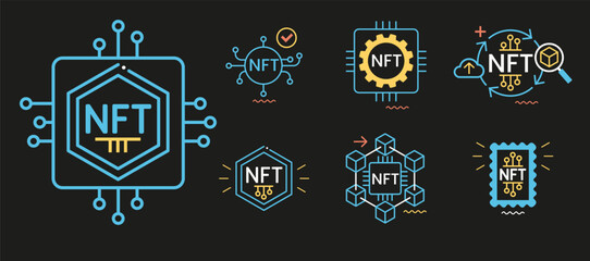 NFT token in blockchain technology in digital crypto art. A non-fungible token with intellectual property aspects. Vector illustration concepts for website development.