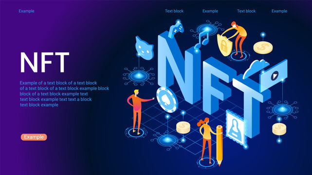 NFT token in blockchain technology in digital crypto art. A non-fungible token with intellectual property aspects. Vector illustration concepts for website development.