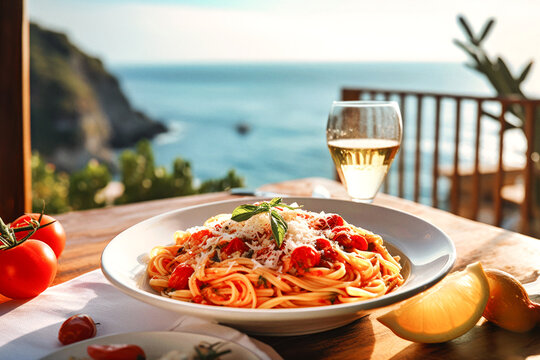 Spaghettiteller mit Weinglas in Italien mit Meerblick